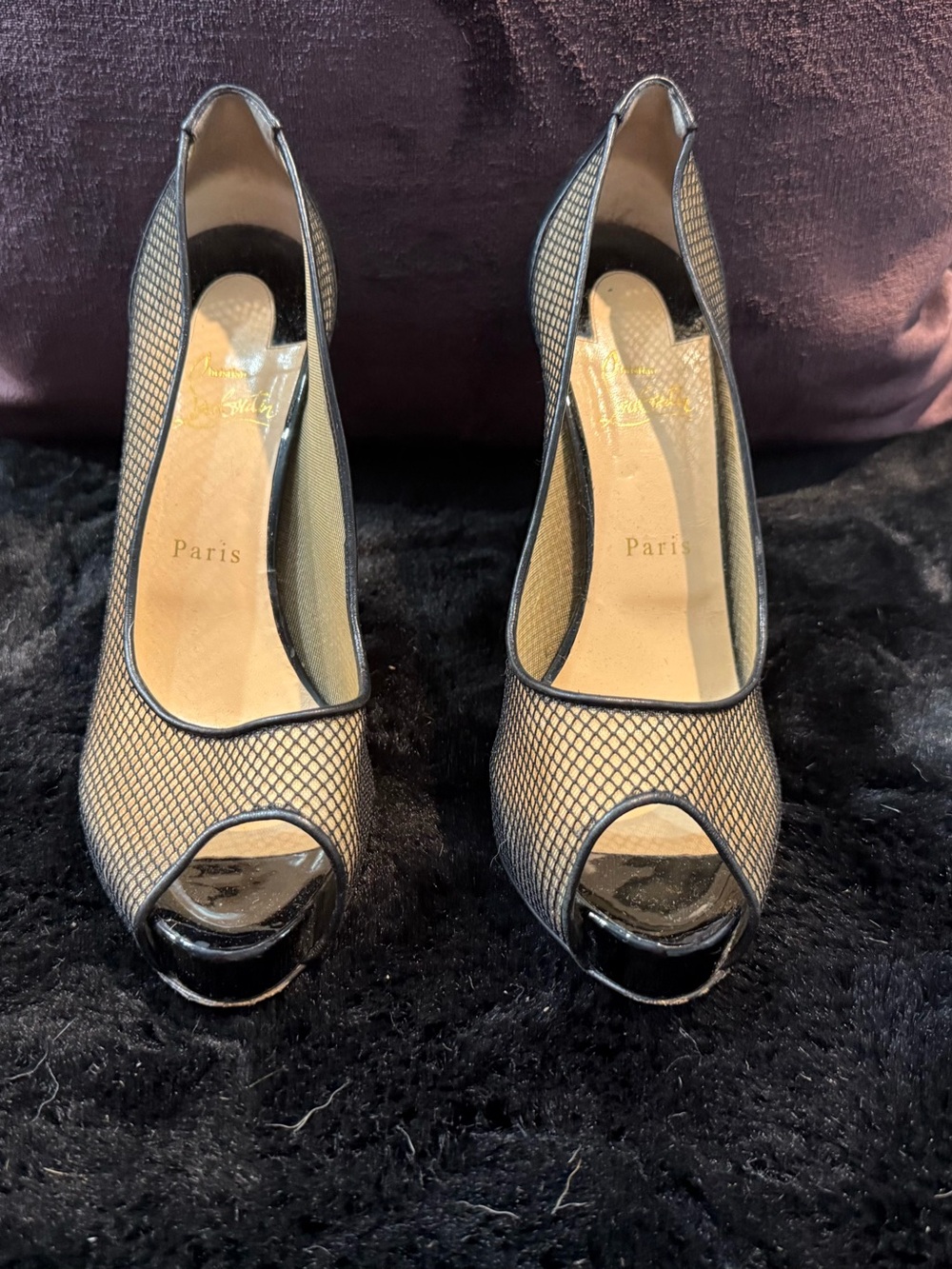 Christian Louboutin Black Mesh Peep-Toe Pumps with Patent Trim